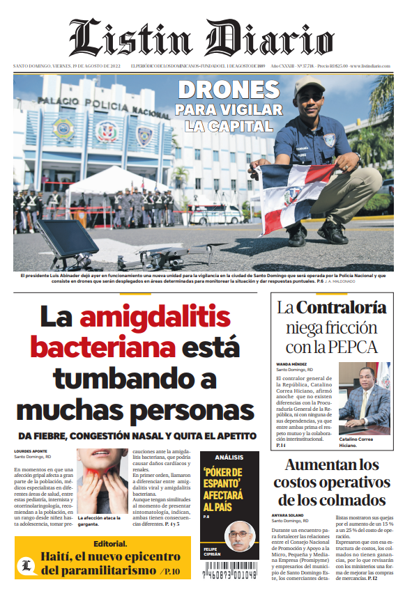 Portada Periódico Listín Diario, Viernes 19 Agosto, 2022