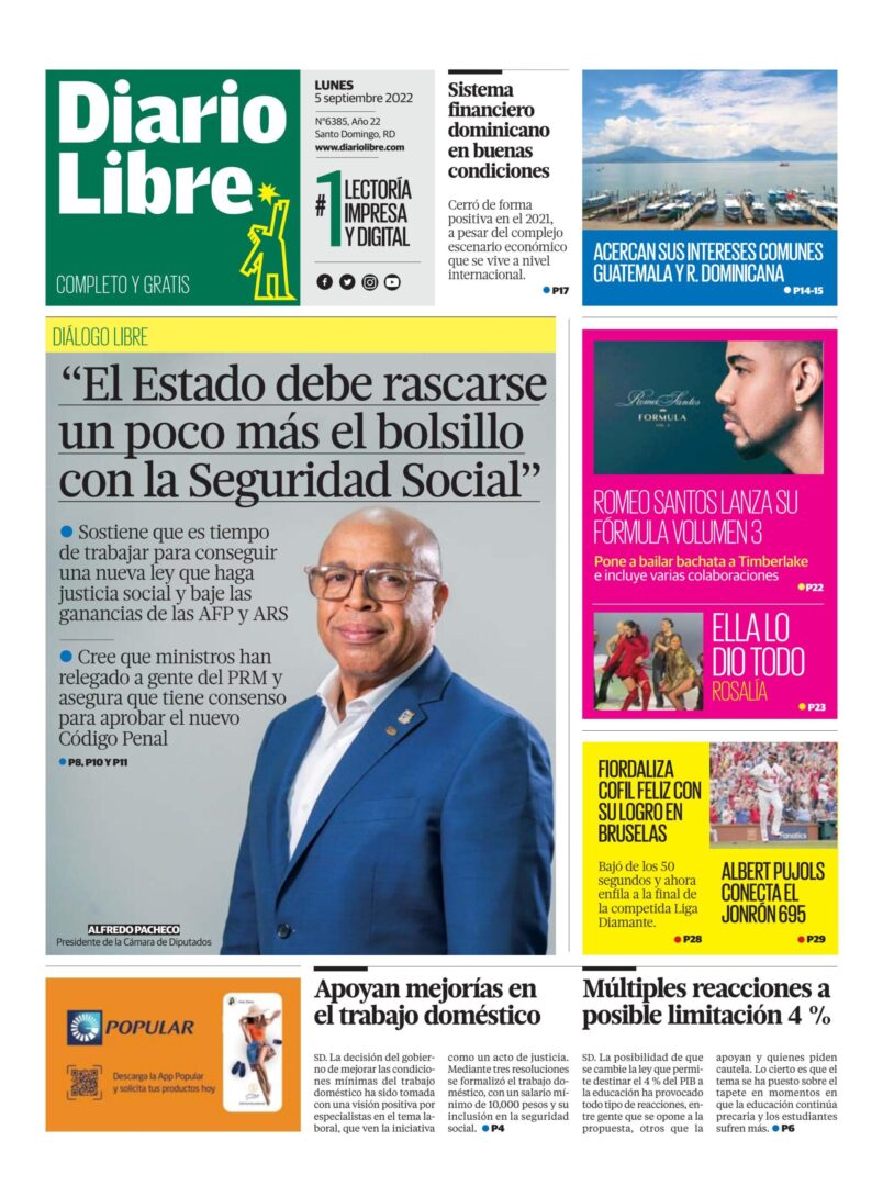 Portada Periódico Diario Libre, Lunes 05 Septiembre, 2022