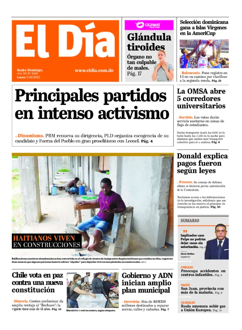 Portada Periódico El Día, Lunes 05 Septiembre, 2022