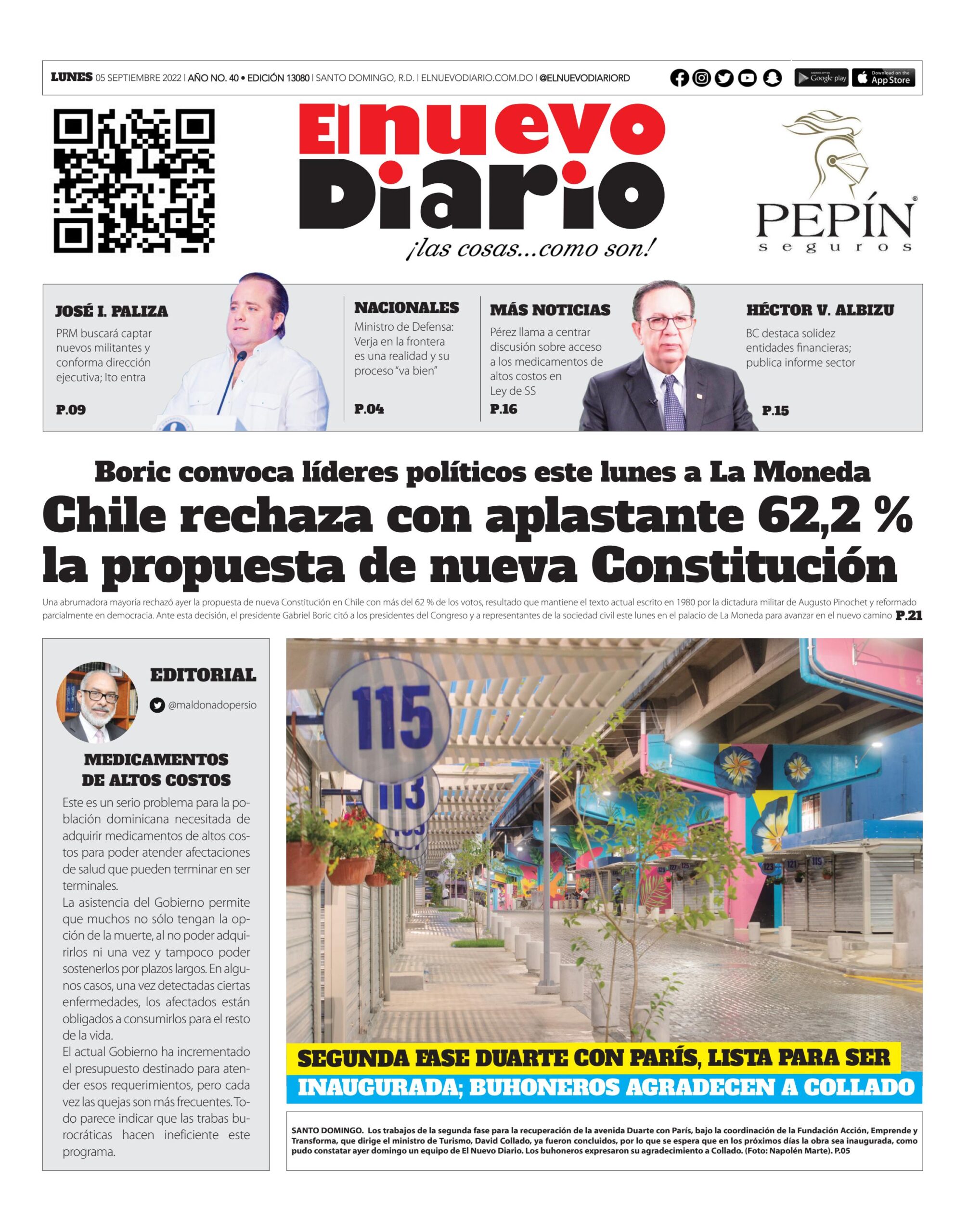 Portada Periódico El Nuevo Diario, Lunes 05 Septiembre, 2022