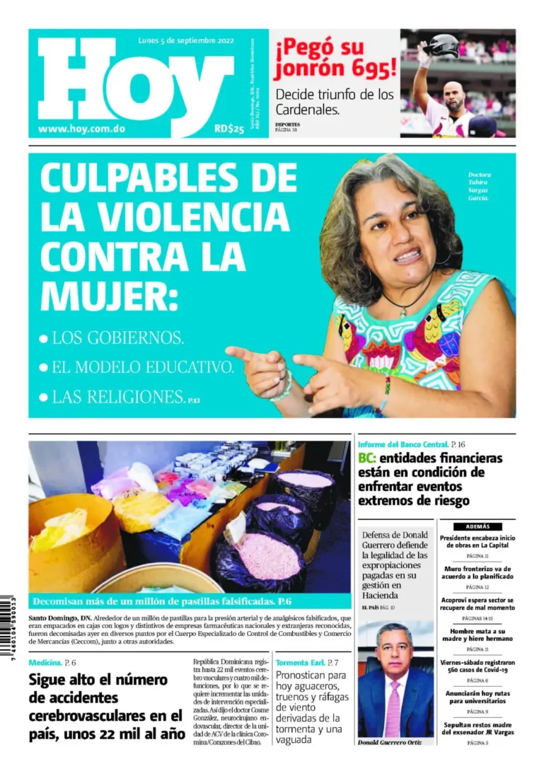 Portada Periódico Hoy, Lunes 05 Septiembre, 2022