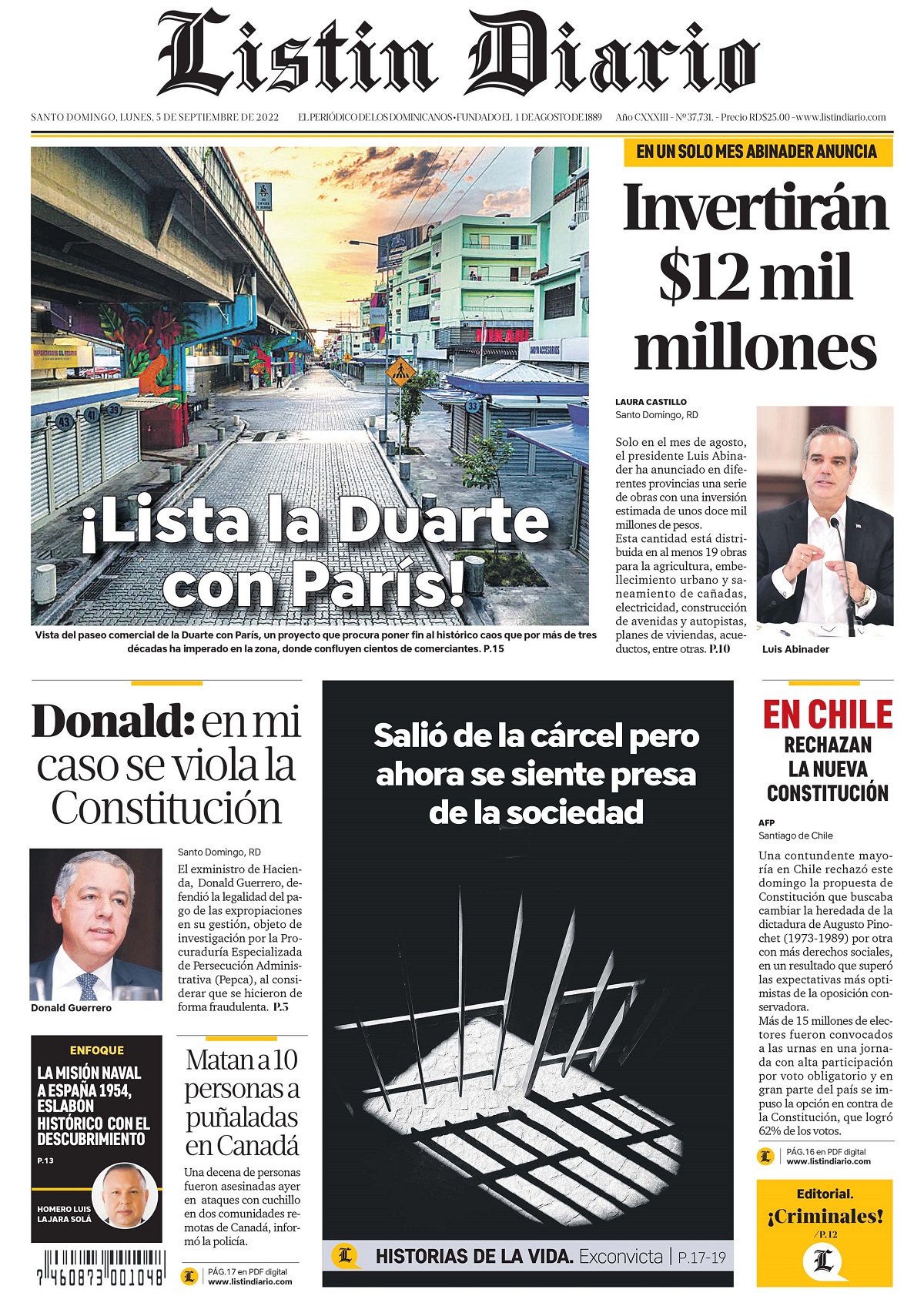 Portada Periódico Listín Diario, Lunes 05 Septiembre, 2022