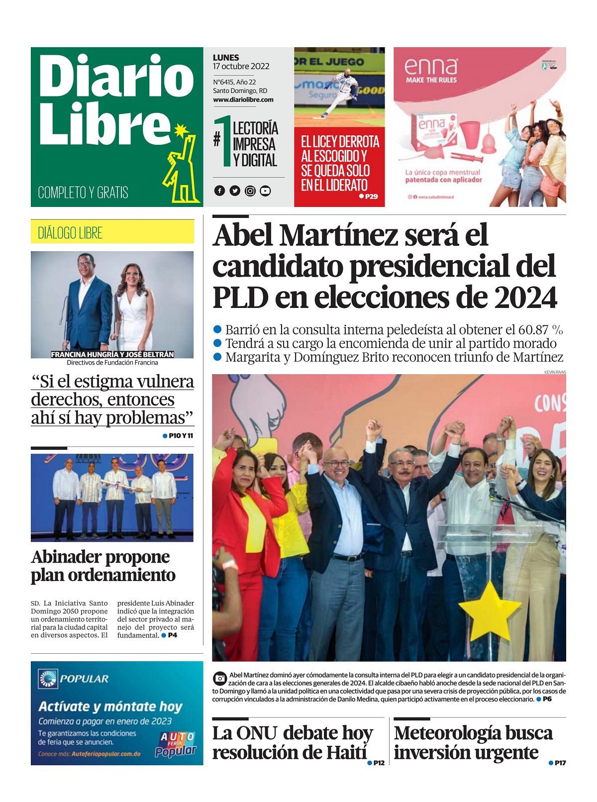 Portada Periódico Diario Libre, Lunes 17 Octubre, 2022