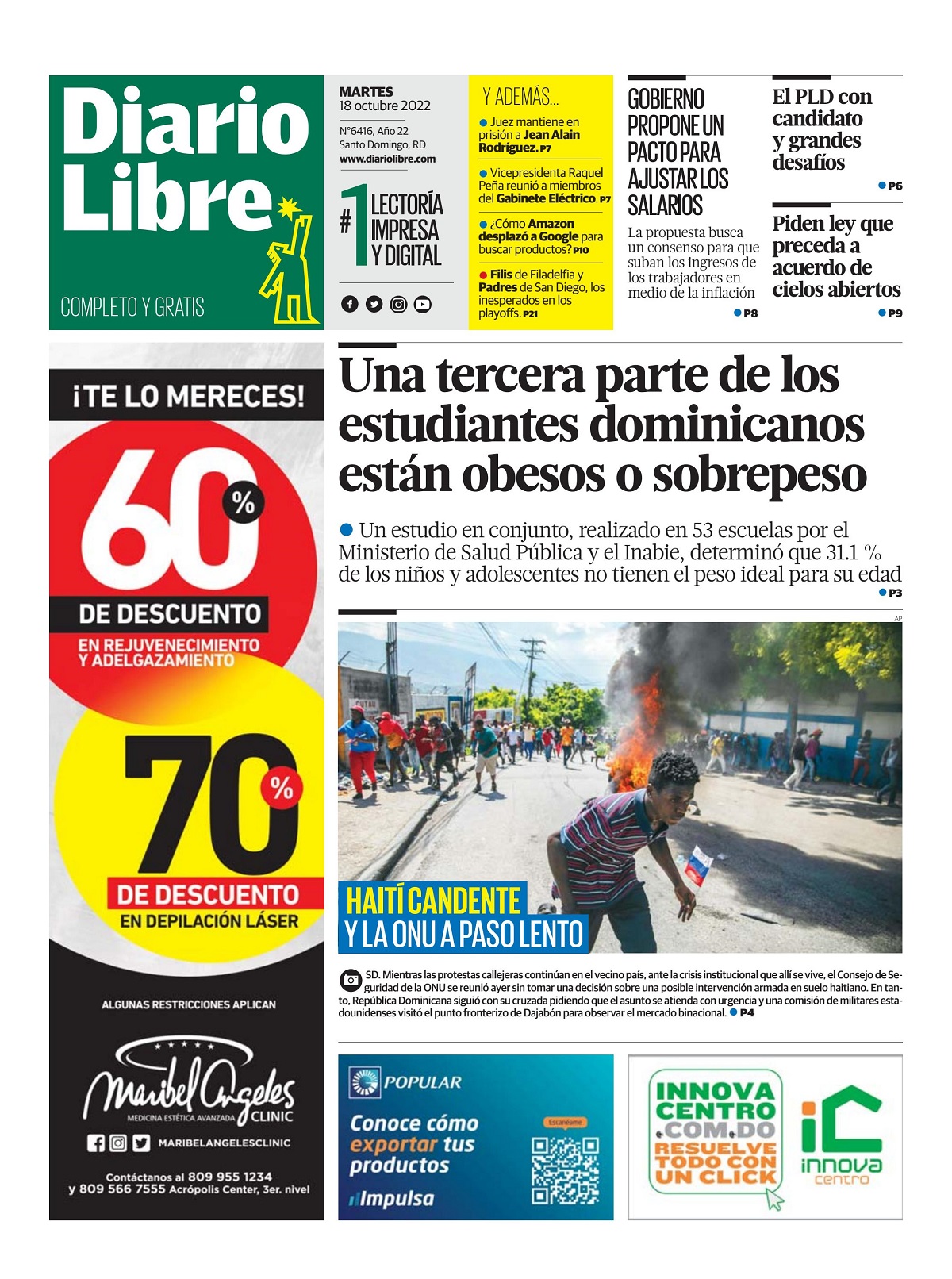 Portada Periódico Diario Libre, Martes 18 Octubre, 2022