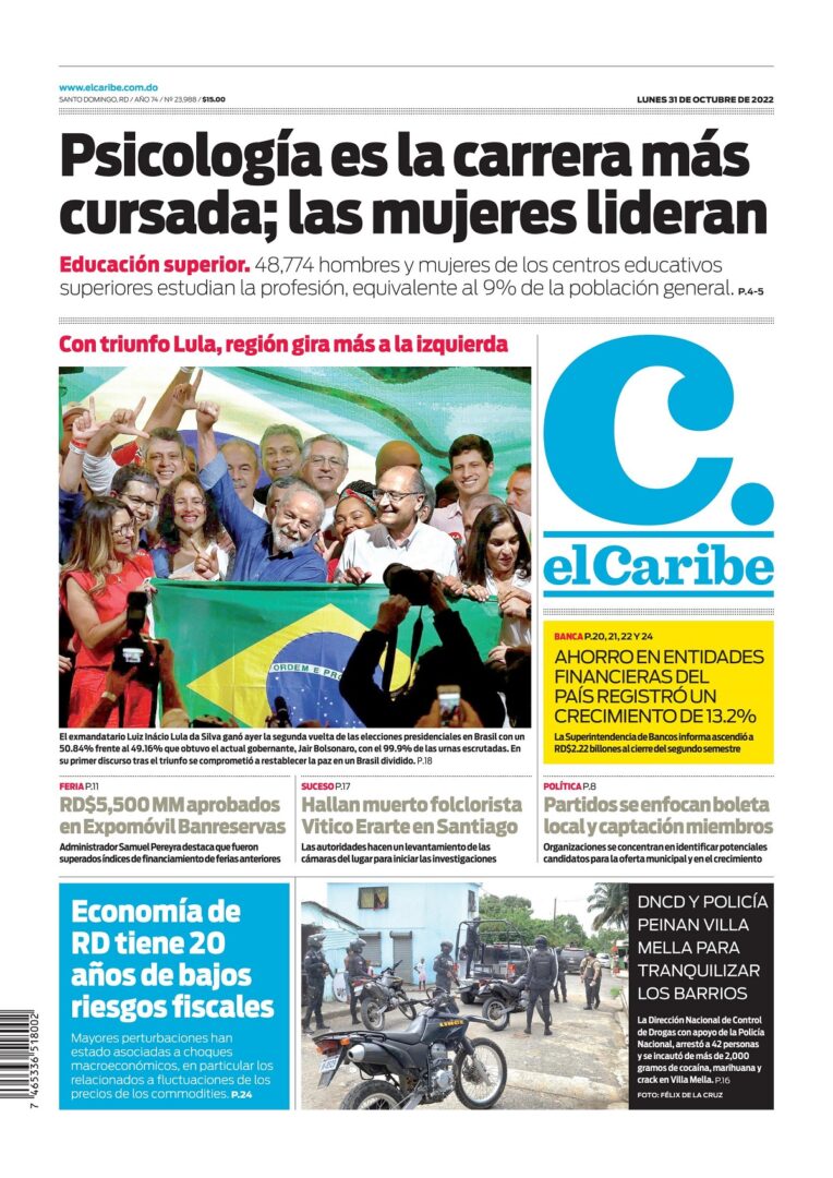 Portada Periódico El Caribe, Lunes 31 Octubre, 2022