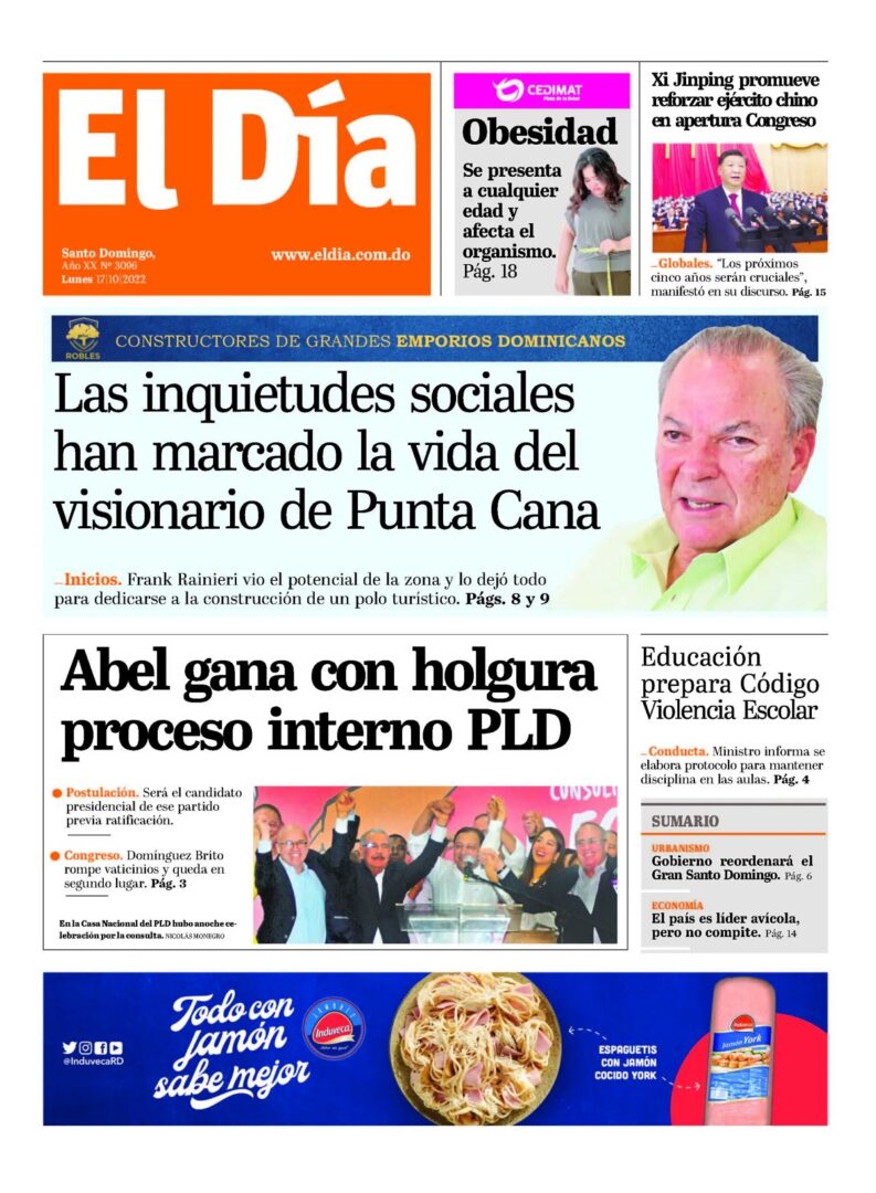 Portada Periódico El Día, Lunes 17 Octubre, 2022