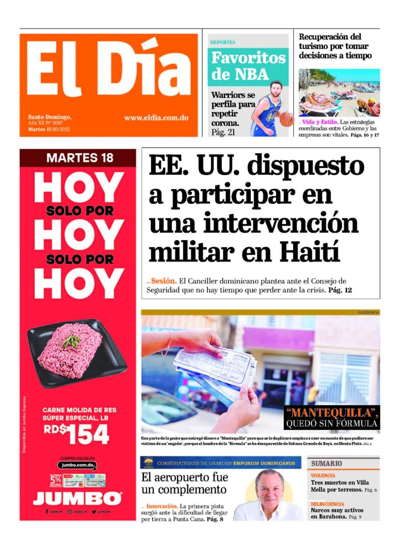 Portada Periódico El Día, Martes 18 Octubre, 2022