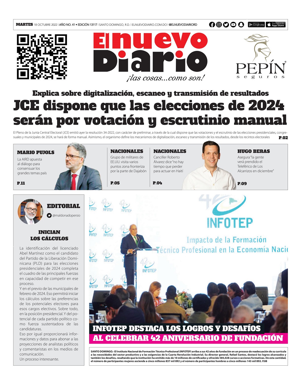 Portada Periódico El Nuevo Diario, Martes 18 Octubre, 2022