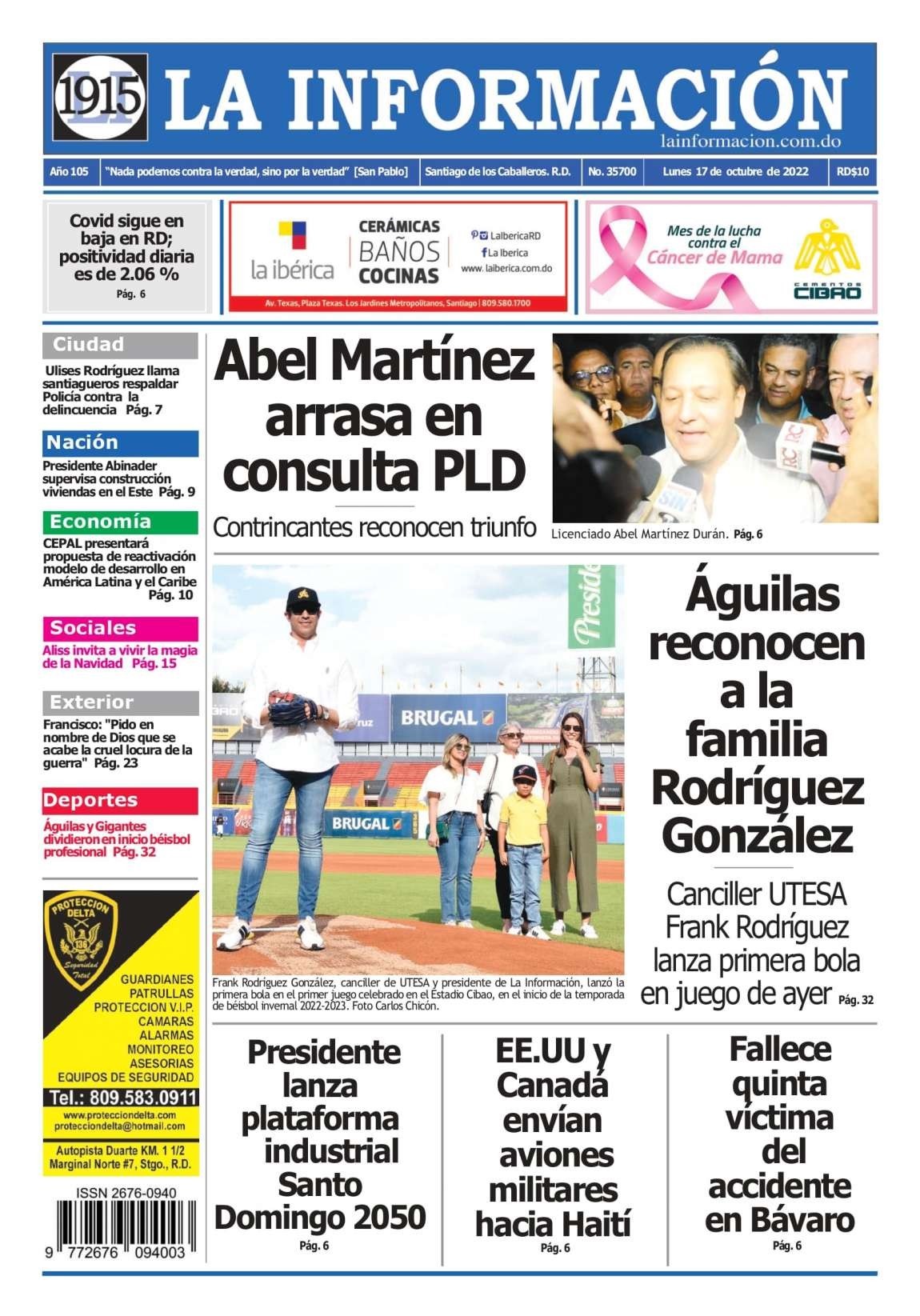 Portada Periódico La Información, Lunes 17 Octubre, 2022