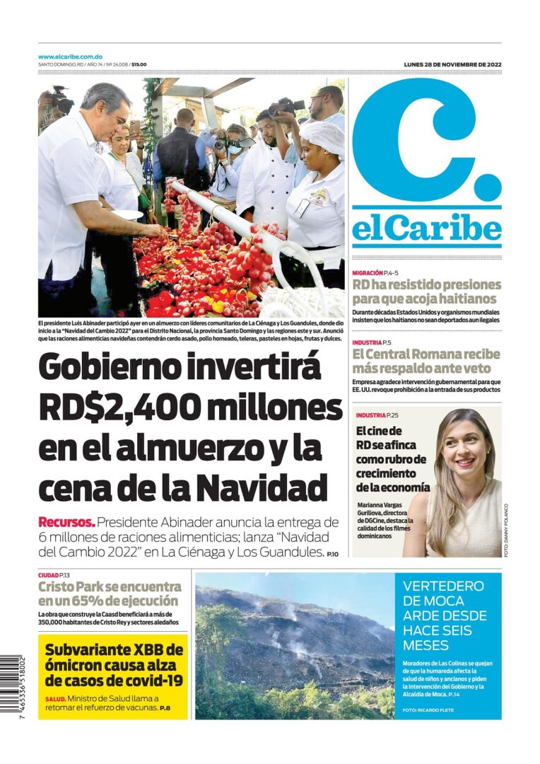 Portada Periódico El Caribe, Lunes 21 Noviembre, 2022