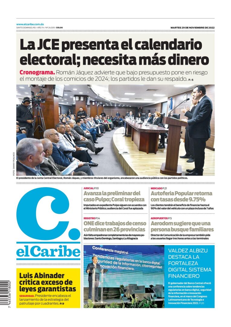 Portada Periódico El Caribe, Martes 29  Noviembre, 2022