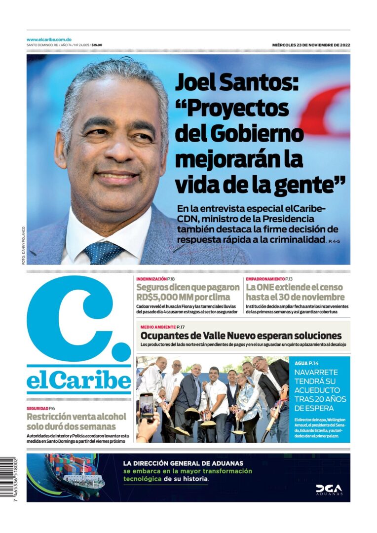 Portada Periódico El Caribe, Miércoles 23 Noviembre, 2022