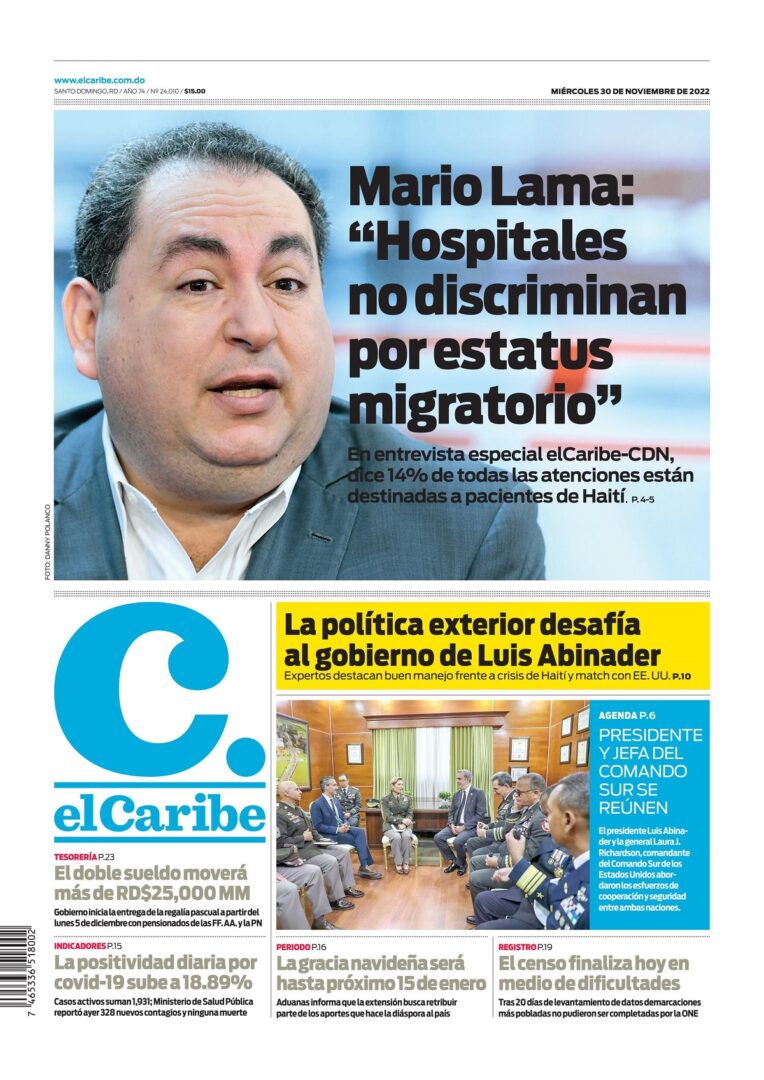Portada Periódico El Caribe, Miércoles 30 Noviembre, 2022