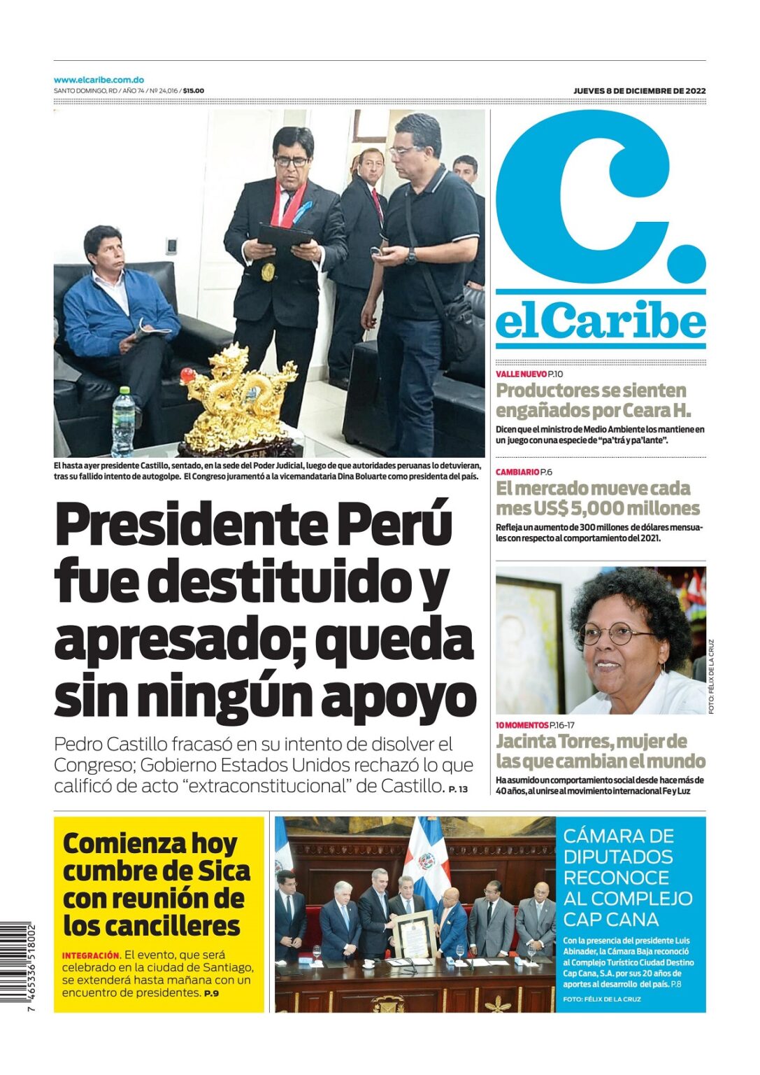 Portada Periódico El Caribe, Jueves 08 Diciembre, 2022 Dominicana.do