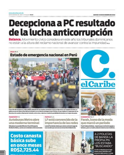 Portada Periódico El Caribe, Jueves 15 Diciembre, 2022