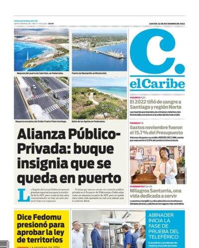 Portada Periódico El Caribe, Jueves 22 Diciembre, 2022