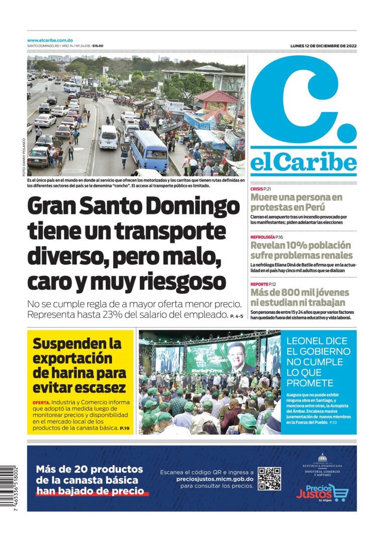 Portada Periódico El Caribe, Lunes 12 Diciembre, 2022