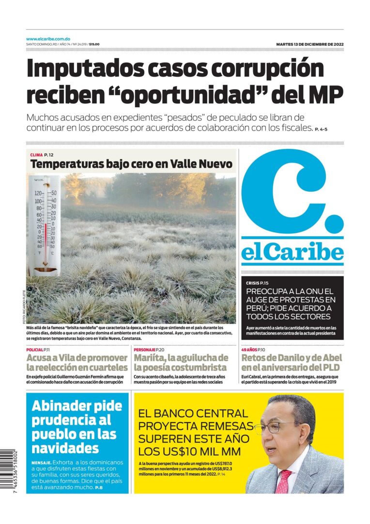 Portada Periódico El Caribe, Martes 13 Diciembre, 2022