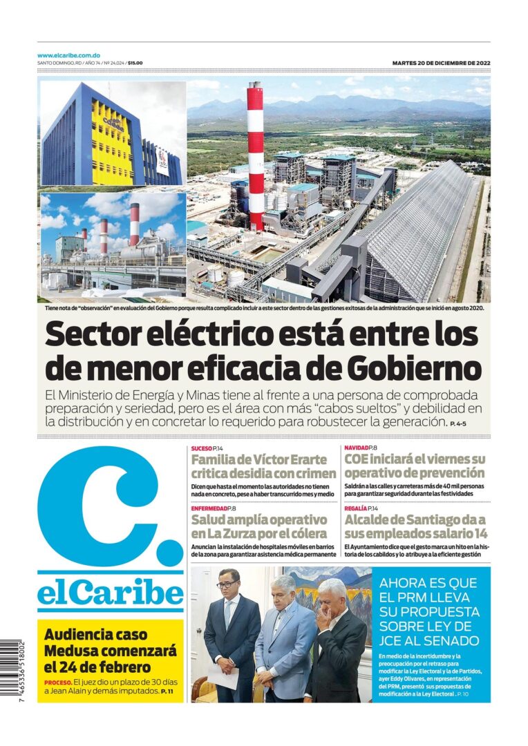 Portada Periódico El Caribe, Martes 20 Diciembre, 2022
