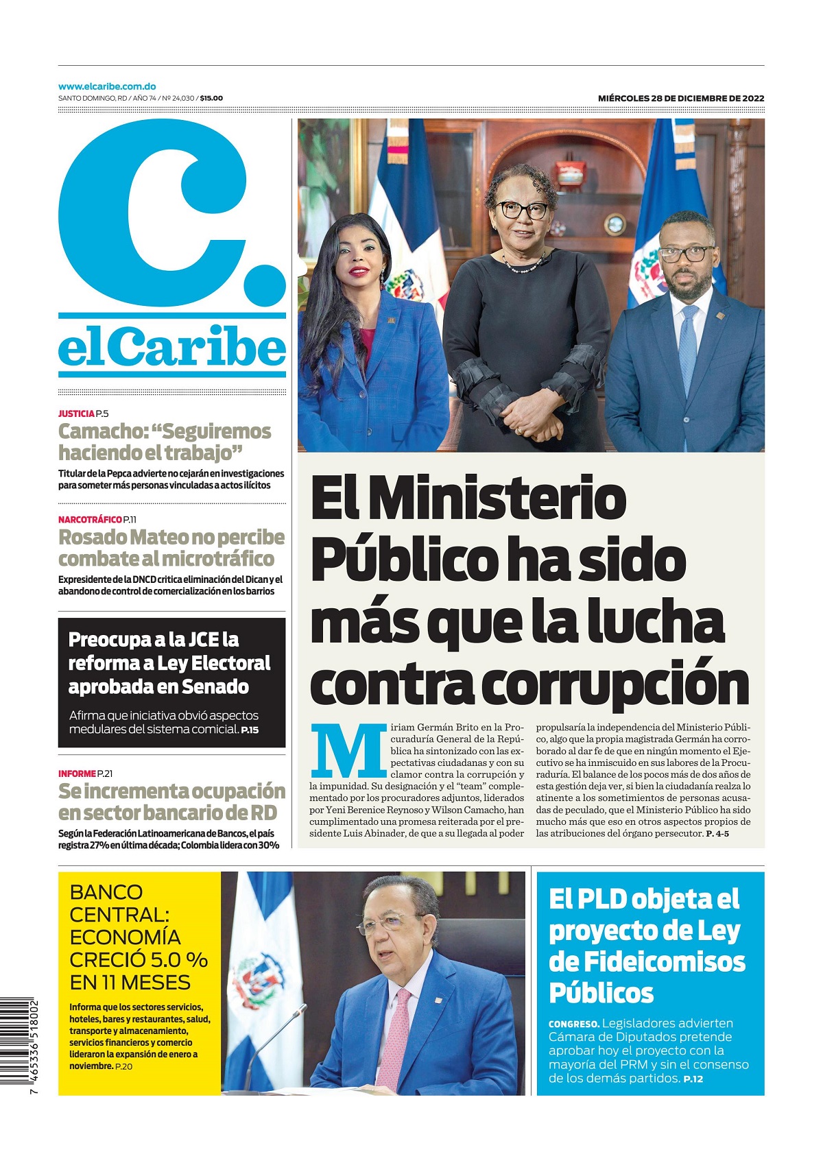 Portada Periódico El Caribe, Miércoles 28 Diciembre, 2022