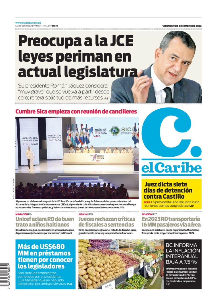 Portada Periódico El Caribe, Viernes 09 Diciembre, 2022
