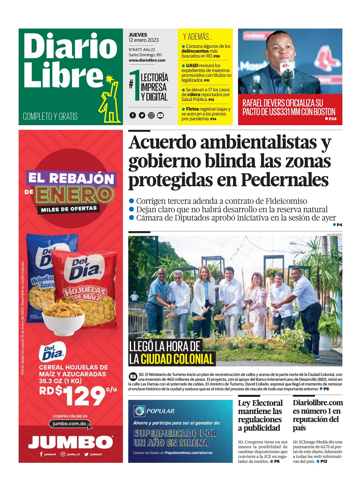 Portada Periódico Diario Libre, Jueves 12 Enero, 2023