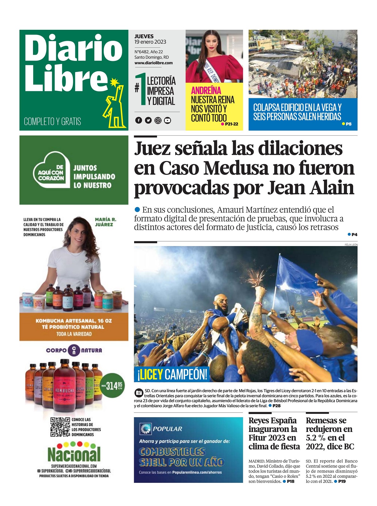 Portada Periódico Diario Libre, Jueves 19 Enero, 2023