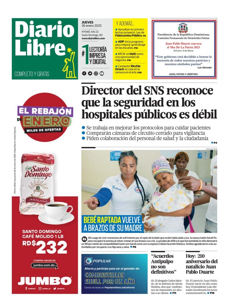 Portada Periódico Diario Libre, Jueves 26 Enero, 2023