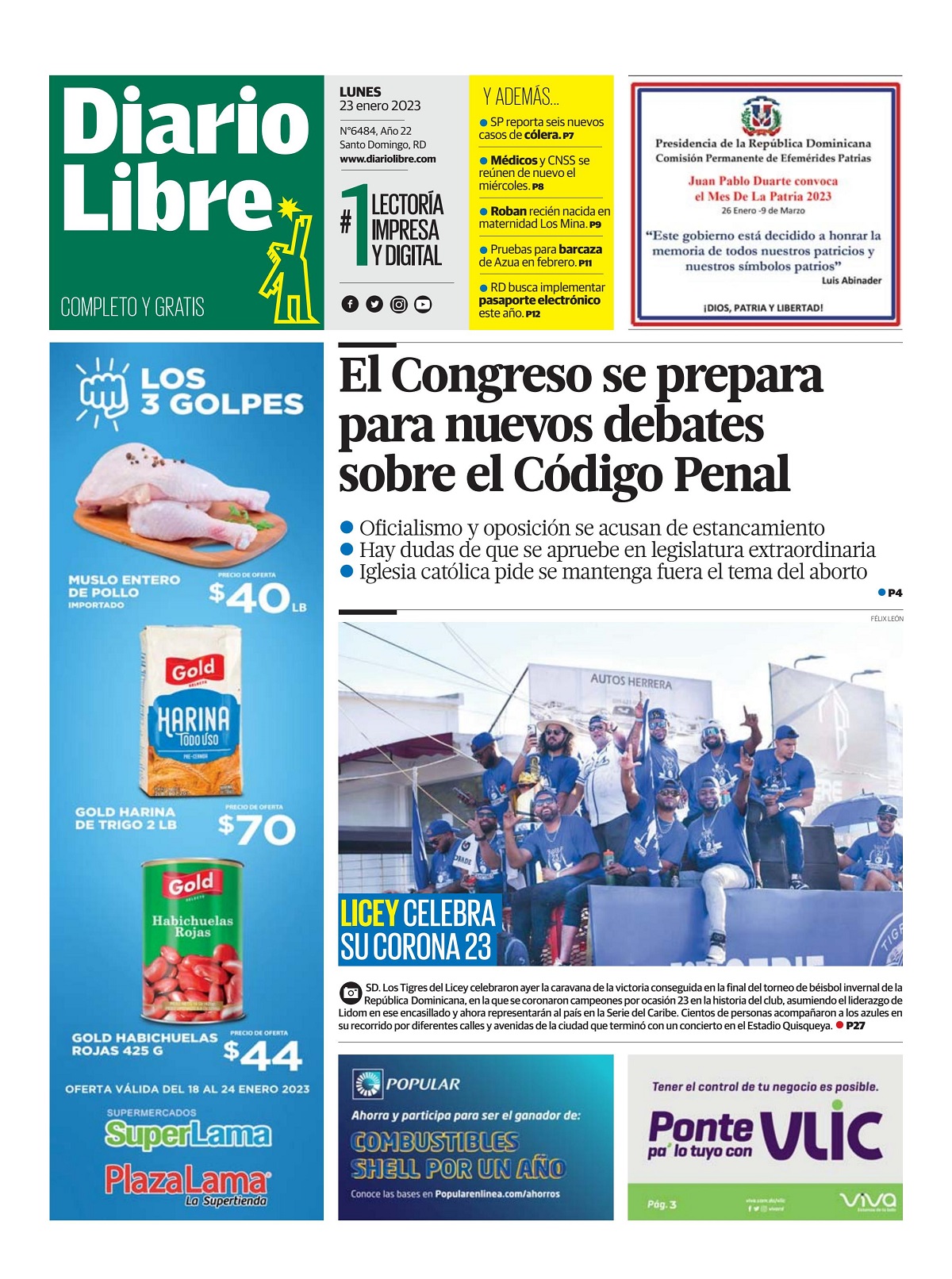 Portada Periódico Diario Libre, Lunes 23 Enero, 2023