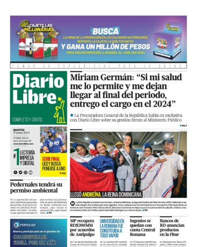 Portada Periódico Diario Libre, Martes 17 Enero, 2023