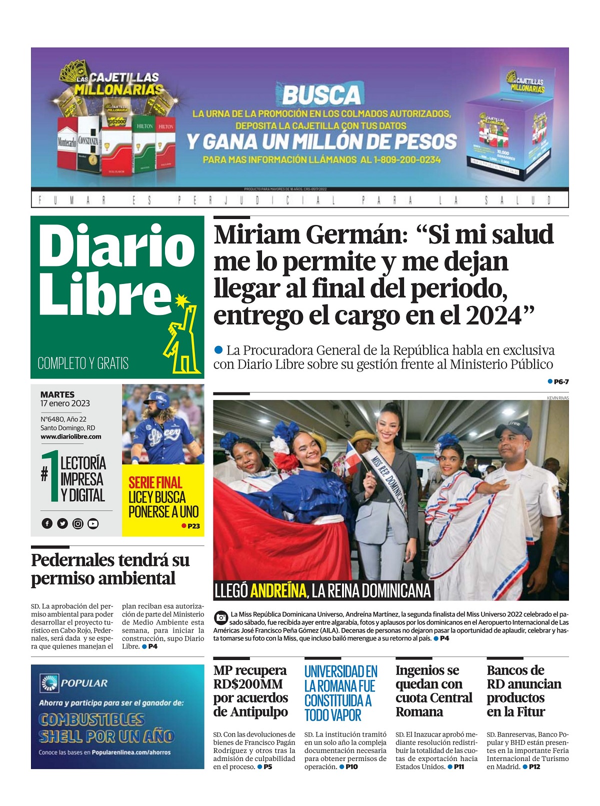 Portada Periódico Diario Libre, Martes 17 Enero, 2023