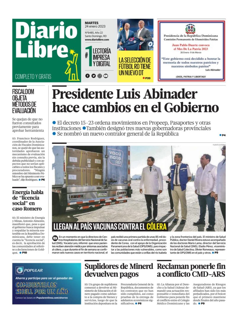 Portada Periódico Diario Libre, Martes 24 Enero, 2023