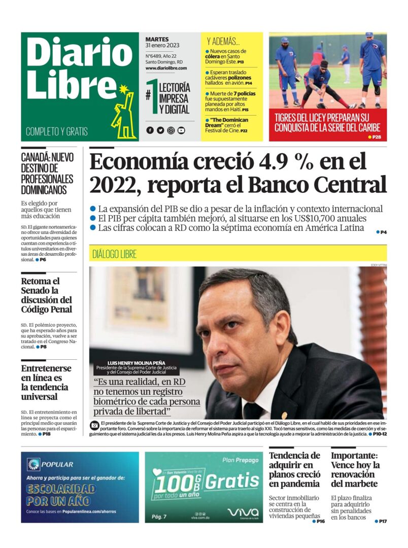 Portada Periódico Diario Libre, Martes 31 Enero, 2023