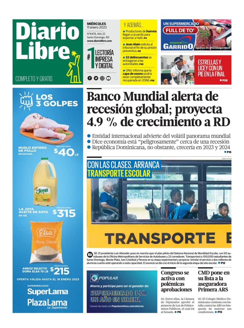 Portada Periódico Diario Libre, Miércoles 11 Enero, 2023