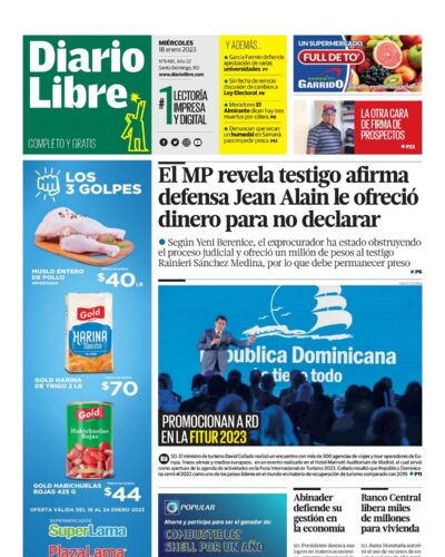 Portada Periódico Diario Libre, Miércoles 18 Enero, 2023