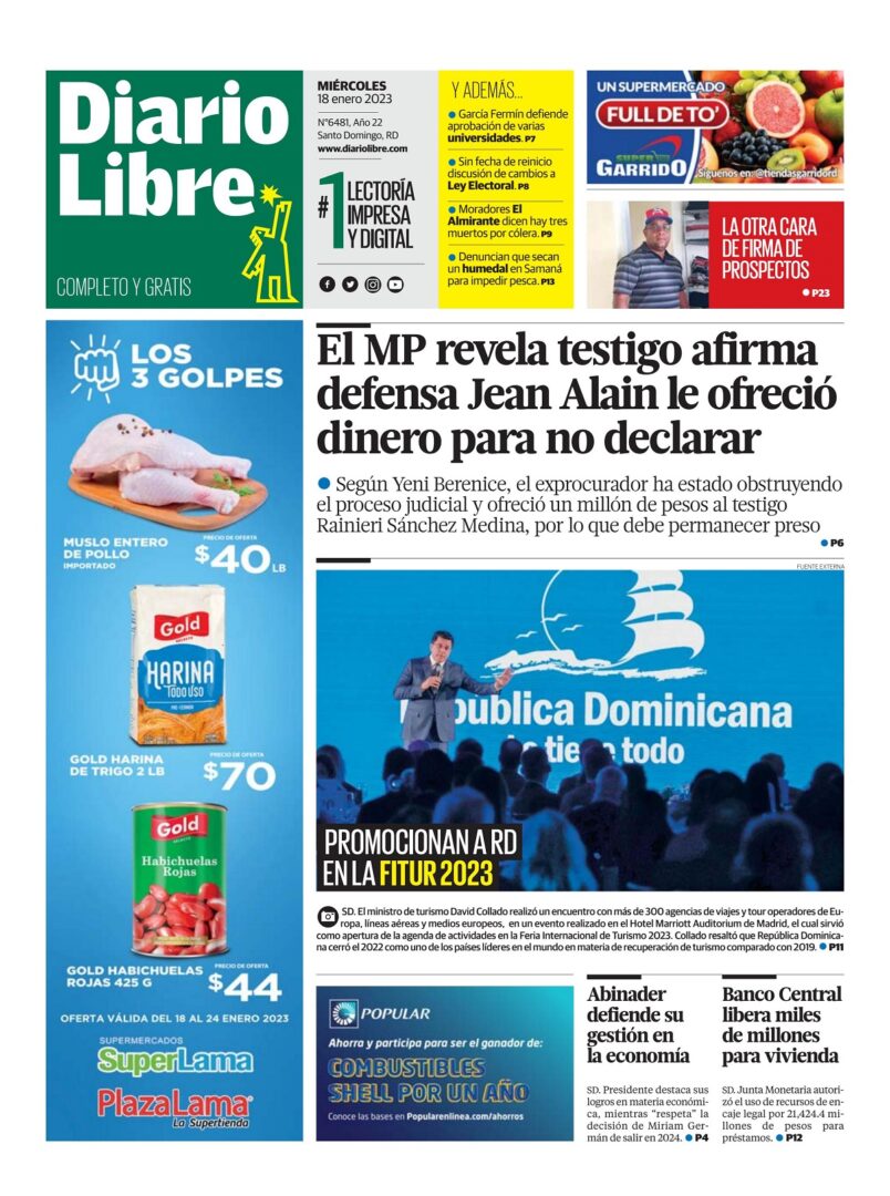 Portada Periódico Diario Libre, Miércoles 18 Enero, 2023