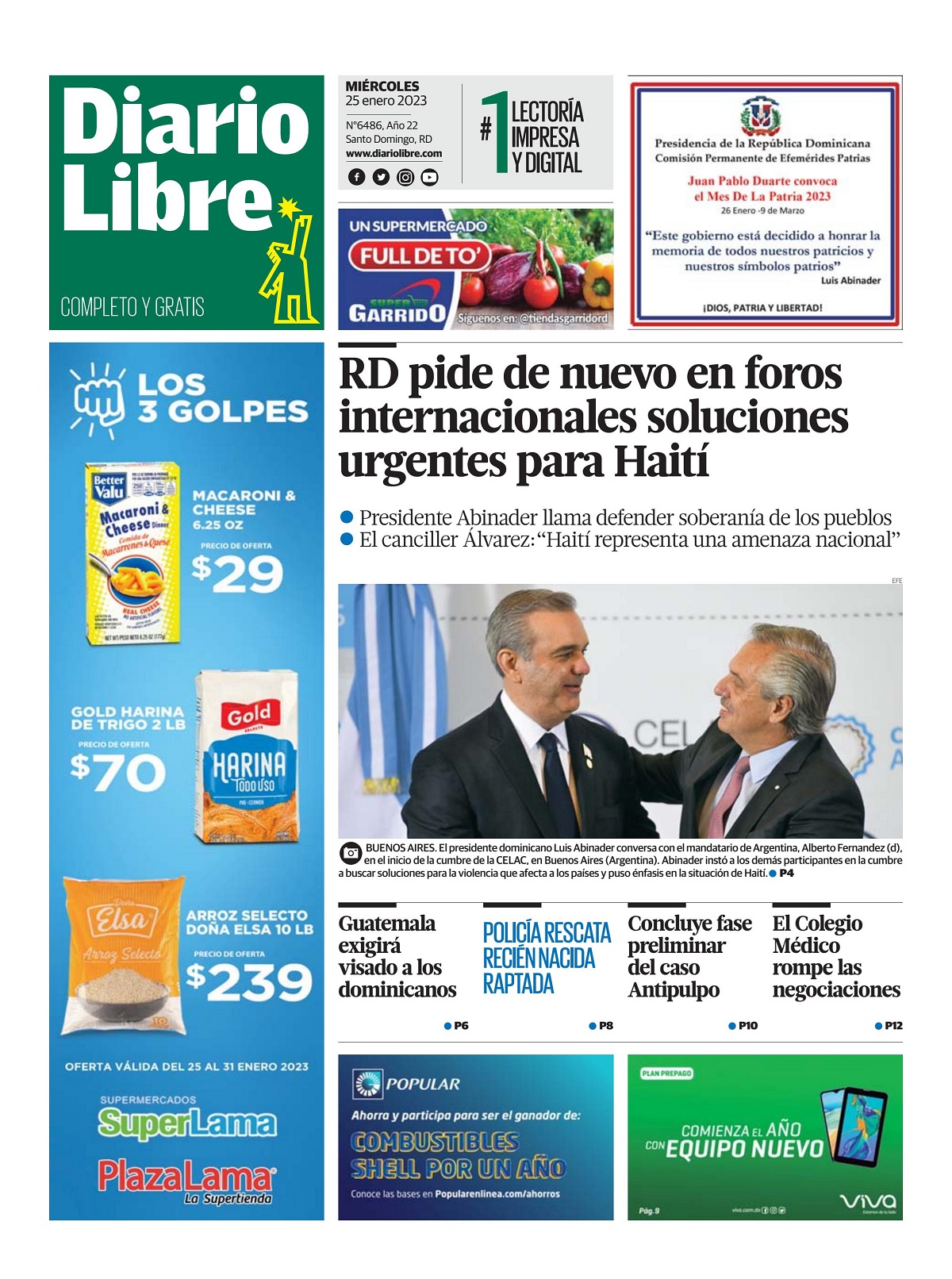 Portada Periódico Diario Libre, Miércoles 25 Enero, 2023