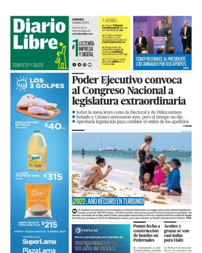 Portada Periódico Diario Libre, Viernes 13 Enero, 2023