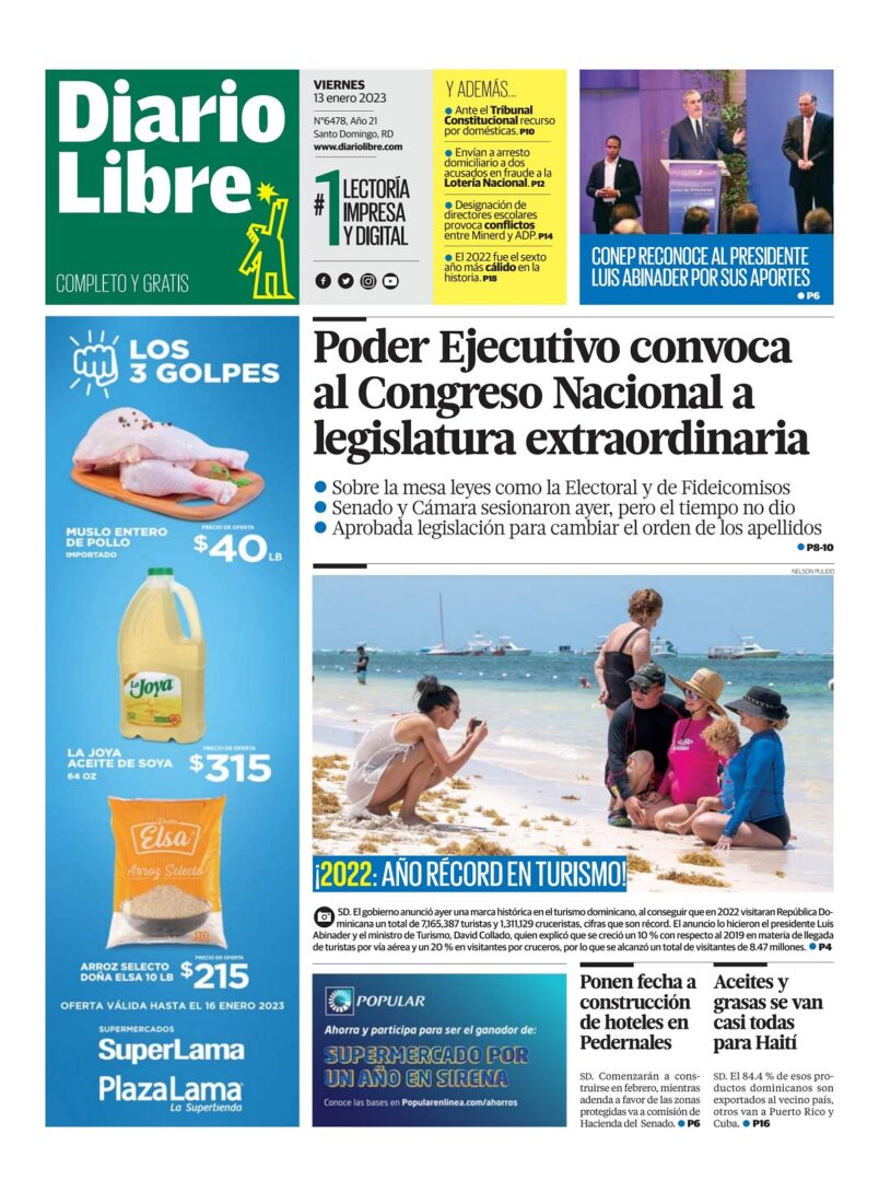 Portada Periódico Diario Libre, Viernes 13 Enero, 2023