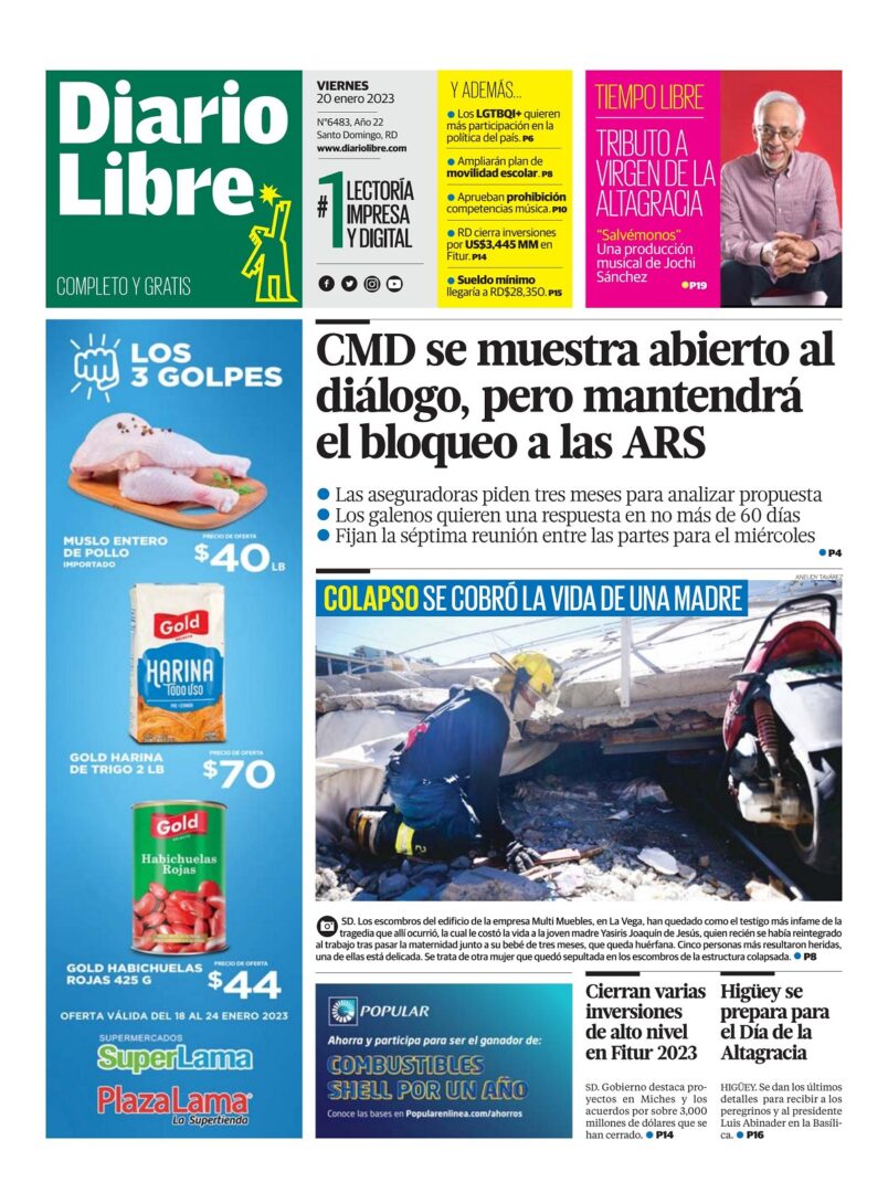 Portada Periódico Diario Libre, Viernes 20 Enero, 2023
