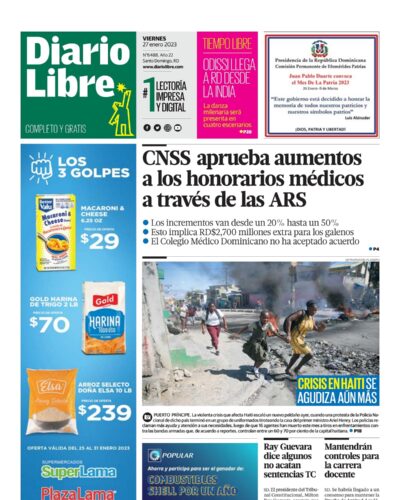Portada Periódico Diario Libre, Viernes 27 Enero, 2023
