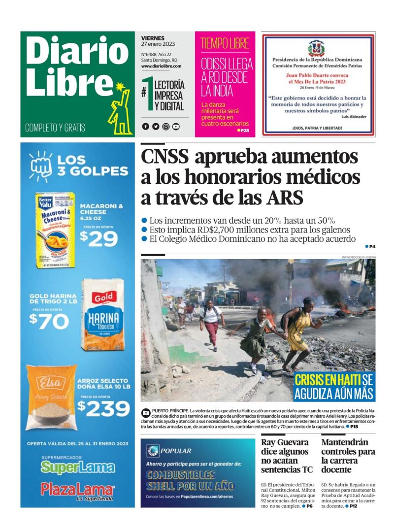 Portada Periódico Diario Libre, Viernes 27 Enero, 2023