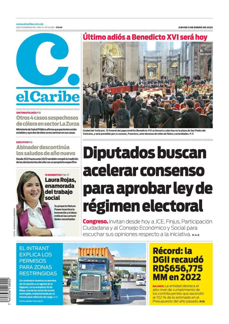 Portada Periódico El Caribe, Jueves 05 Enero, 2023