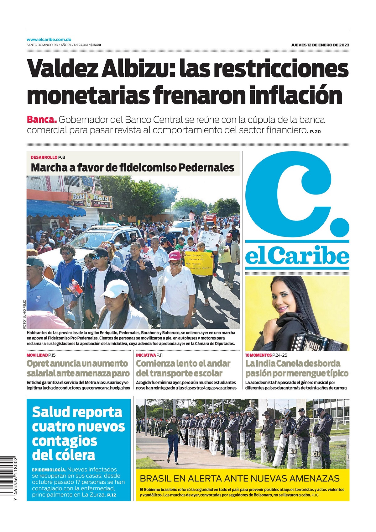 Portada Periódico El Caribe, Jueves 12 Enero, 2023