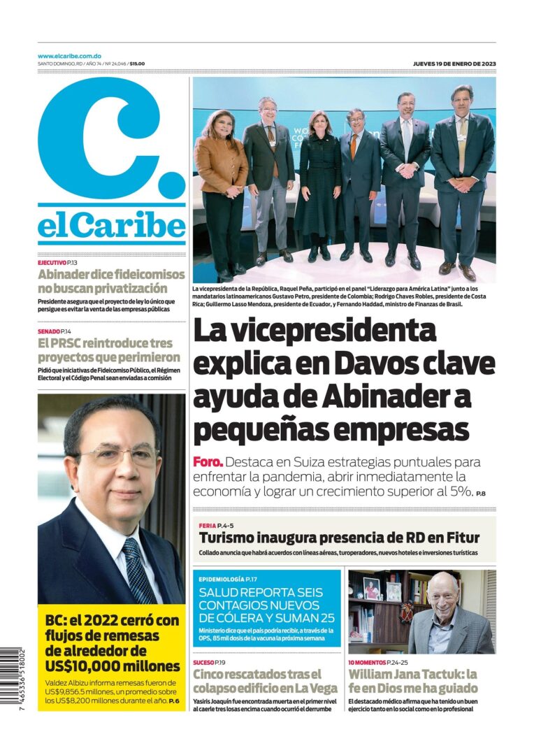 Portada Periódico El Caribe, Jueves 19 Enero, 2023