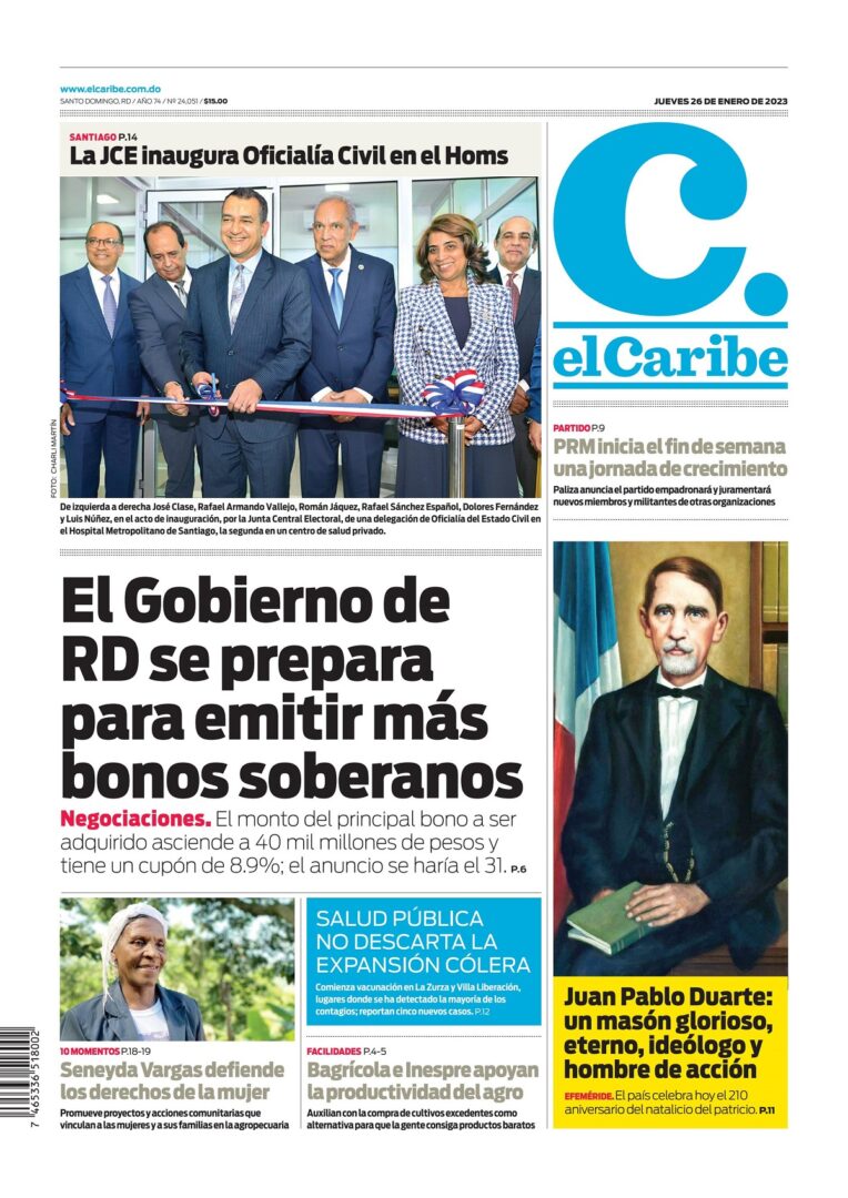 Portada Periódico El Caribe, Jueves 26 Enero, 2023