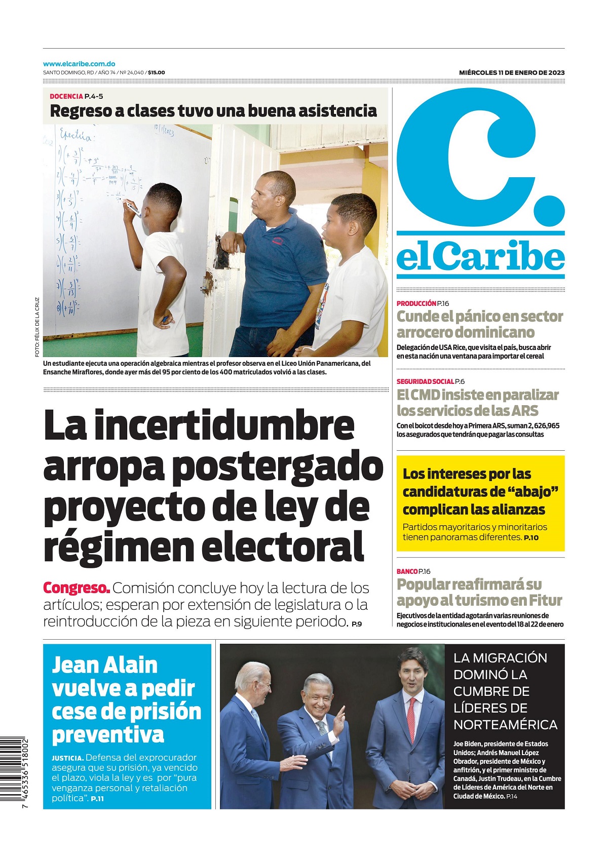 Portada Periódico El Caribe, Miércoles 11 Enero, 2023