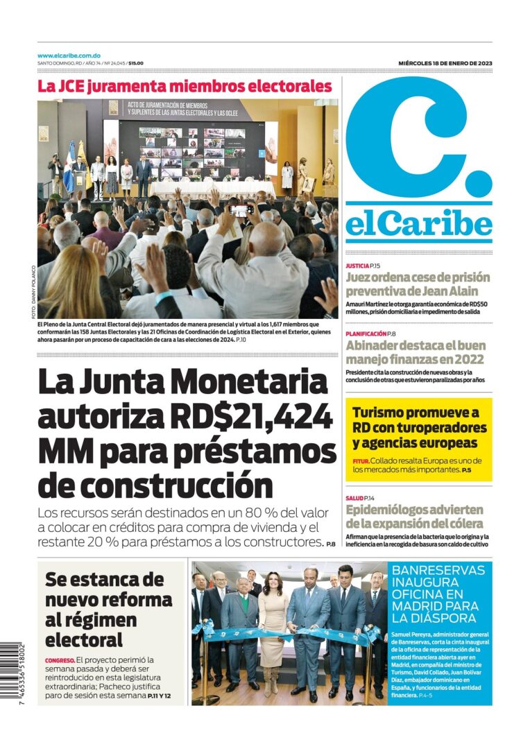 Portada Periódico El Caribe, Miércoles 18 Enero, 2023