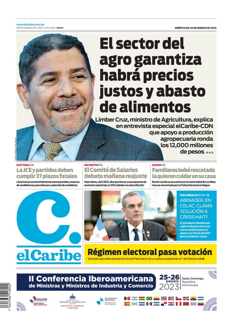 Portada Periódico El Caribe, Miércoles 25 Enero, 2023