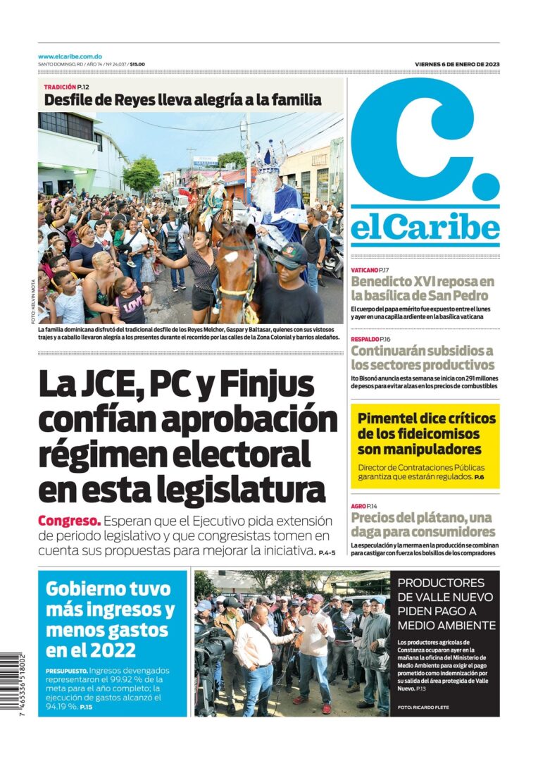 Portada Periódico El Caribe, Viernes 06 Enero, 2023